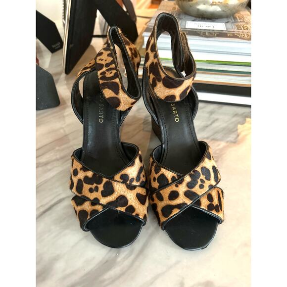 Franco Sarto Calf Hair Brown Leopard Print Strappy Wedges - Picture 2 of 8